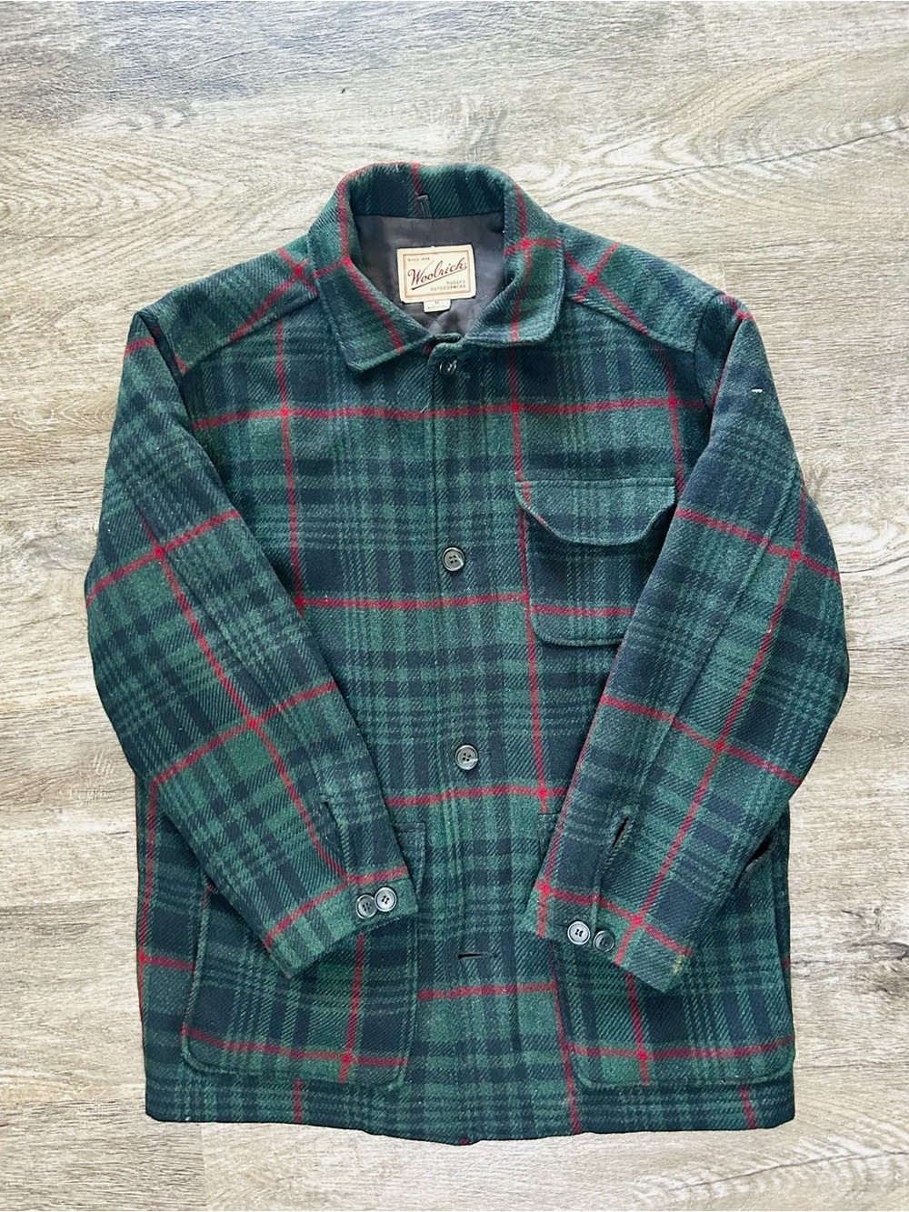Woolrich Mens Green Plaid Button-Up Jacket